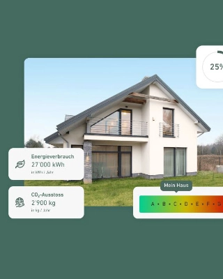 Einfamilienhaus mit Informationen zum Energieverbrauch, CO2-Ausstoss und Energieeffizienzklasse aus einem Energie-Check von myky.